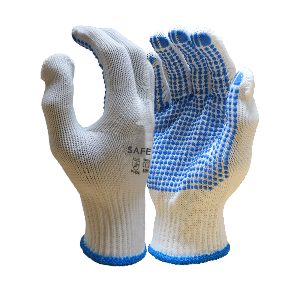 White safety glove with blue dot palm