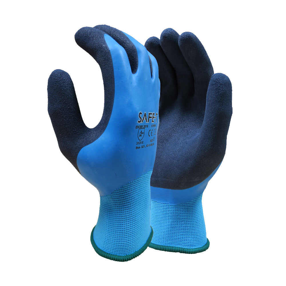 Blue safety glove with black palm